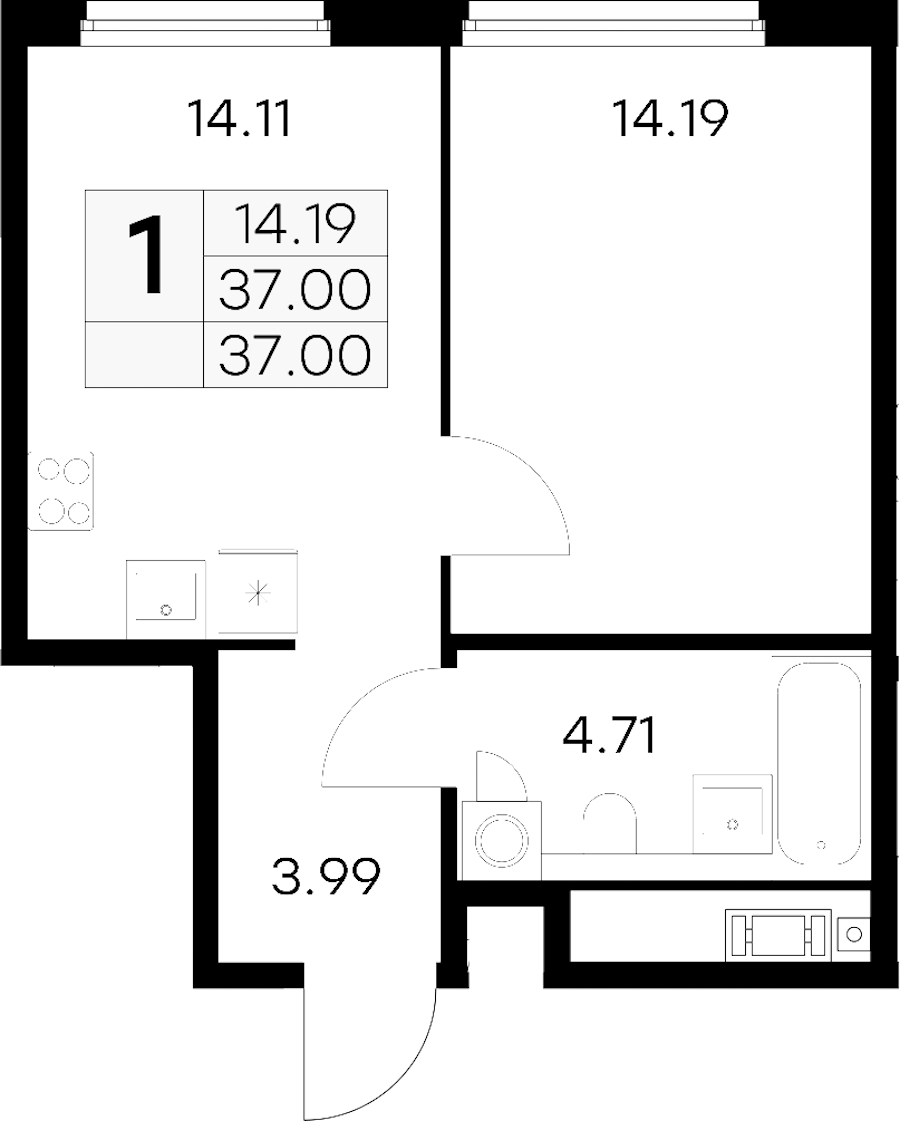 1-комнатная квартира 37 м², 6/18 эт., ЖК «Glorax City Василеостровский»